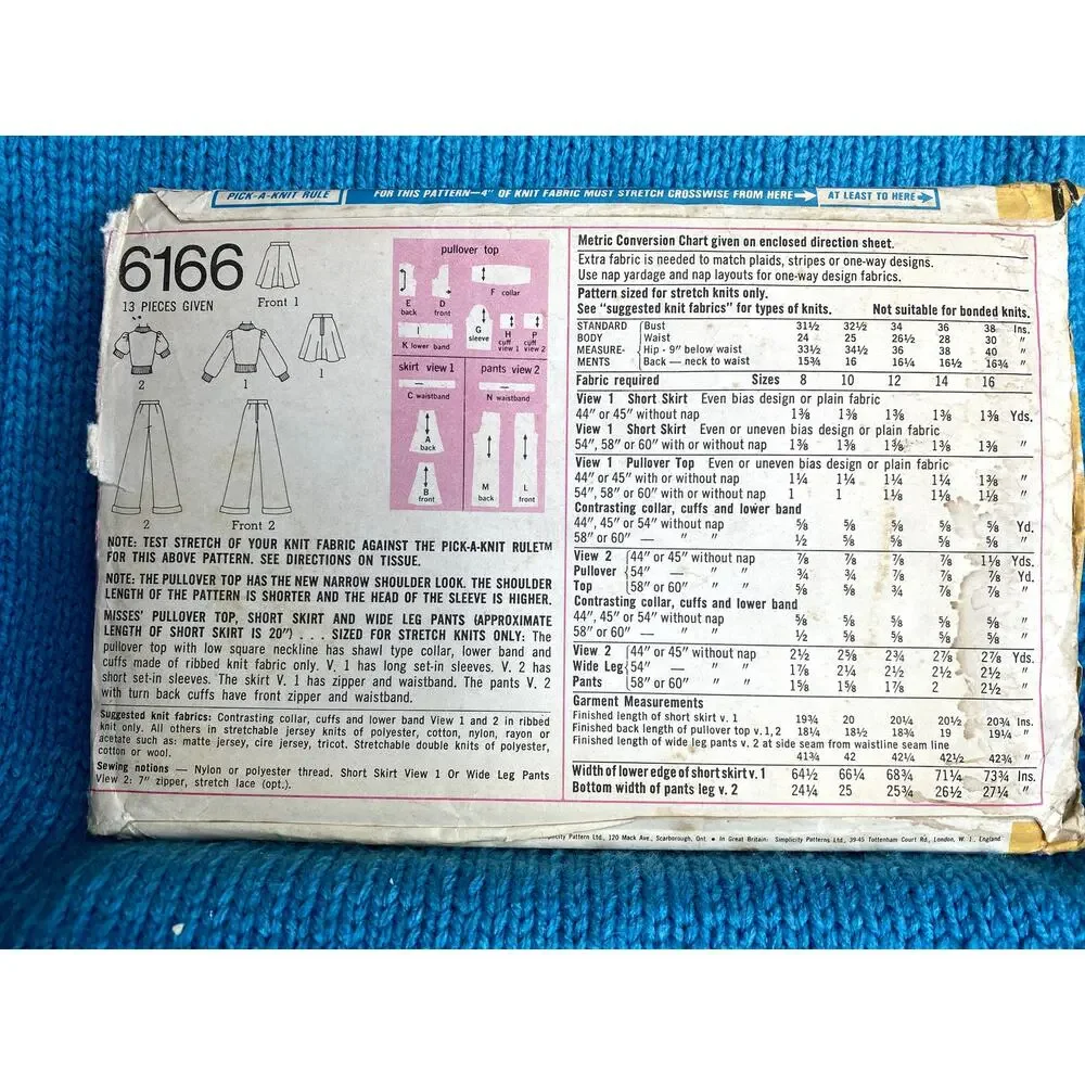 Simplicity 6166 Sewing pattern knit top A line skirt bell bottom pants size 12
